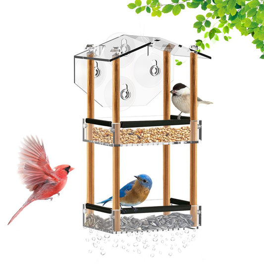 HHXRISE Window Bird Feeder with Strong Suction Cups, Outdoor Acrylic Bird House with 2 Tiers Seed Tray, Large Weatherproof Birdfeeder for Wild Birds, Finch, Cardinal, and Bluebird, Brown Animals & Pet Supplies > Pet Supplies > Bird Supplies > Bird Food HHXRISE Brown  