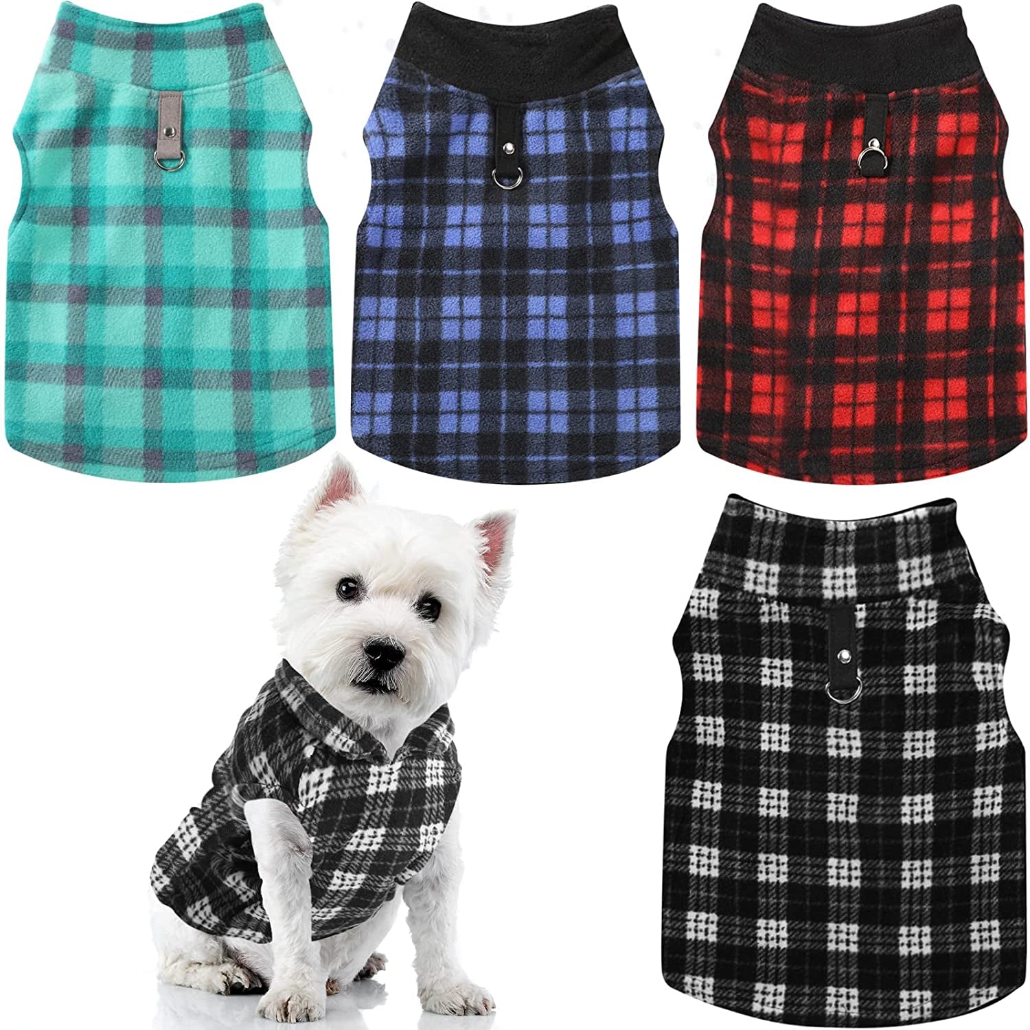 4 Pieces Winter Fabric Dog Sweater with Leash Ring Fleece Vest Dog Pullover Jacket Warm Pet Dog Clothes for Puppy Small Dogs Cat Chihuahua Boy (Plaid Pattern, XS) Animals & Pet Supplies > Pet Supplies > Dog Supplies > Dog Apparel Weewooday Plaid XS 