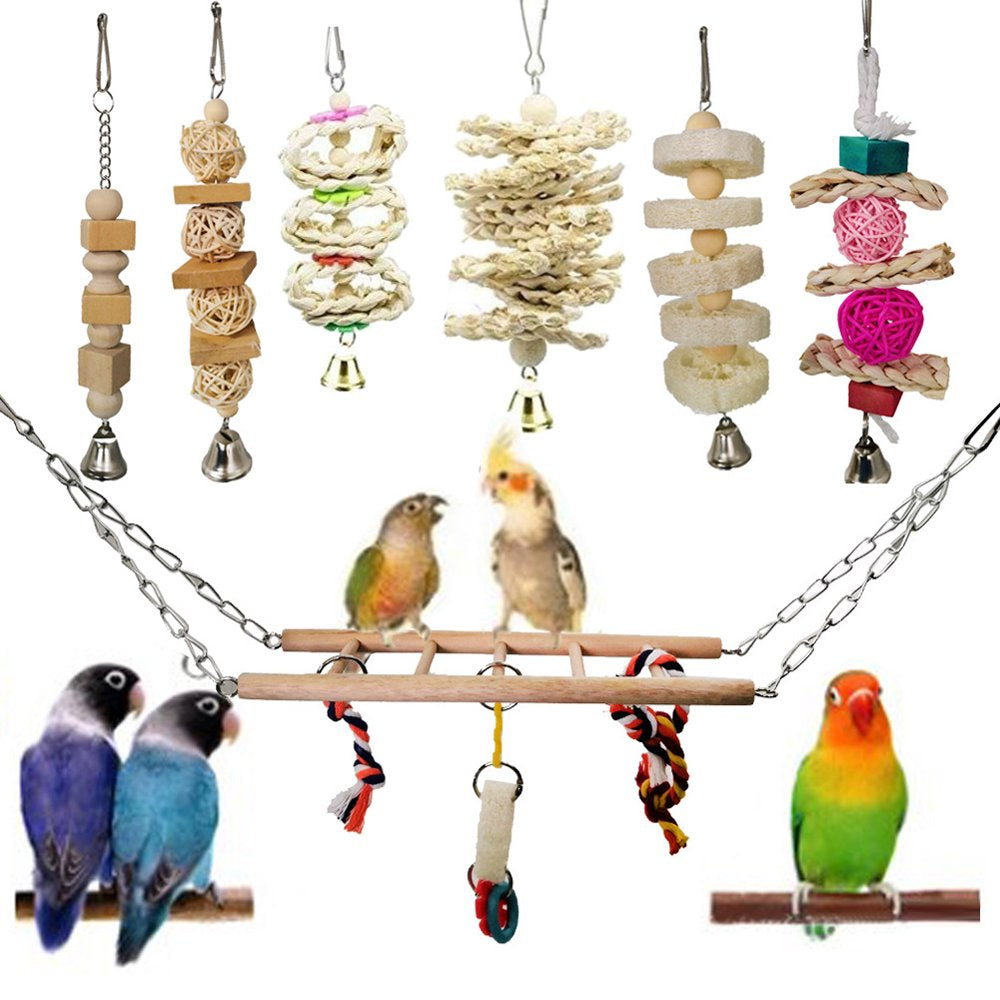 Pet Enjoy 7Pcs Bird Parrot Swing Toys,Bird Chewing Standing Hanging Perch Hammock Climbing Ladder Bird Cage Toys for Budgerigar,Parakeet and Other Birds