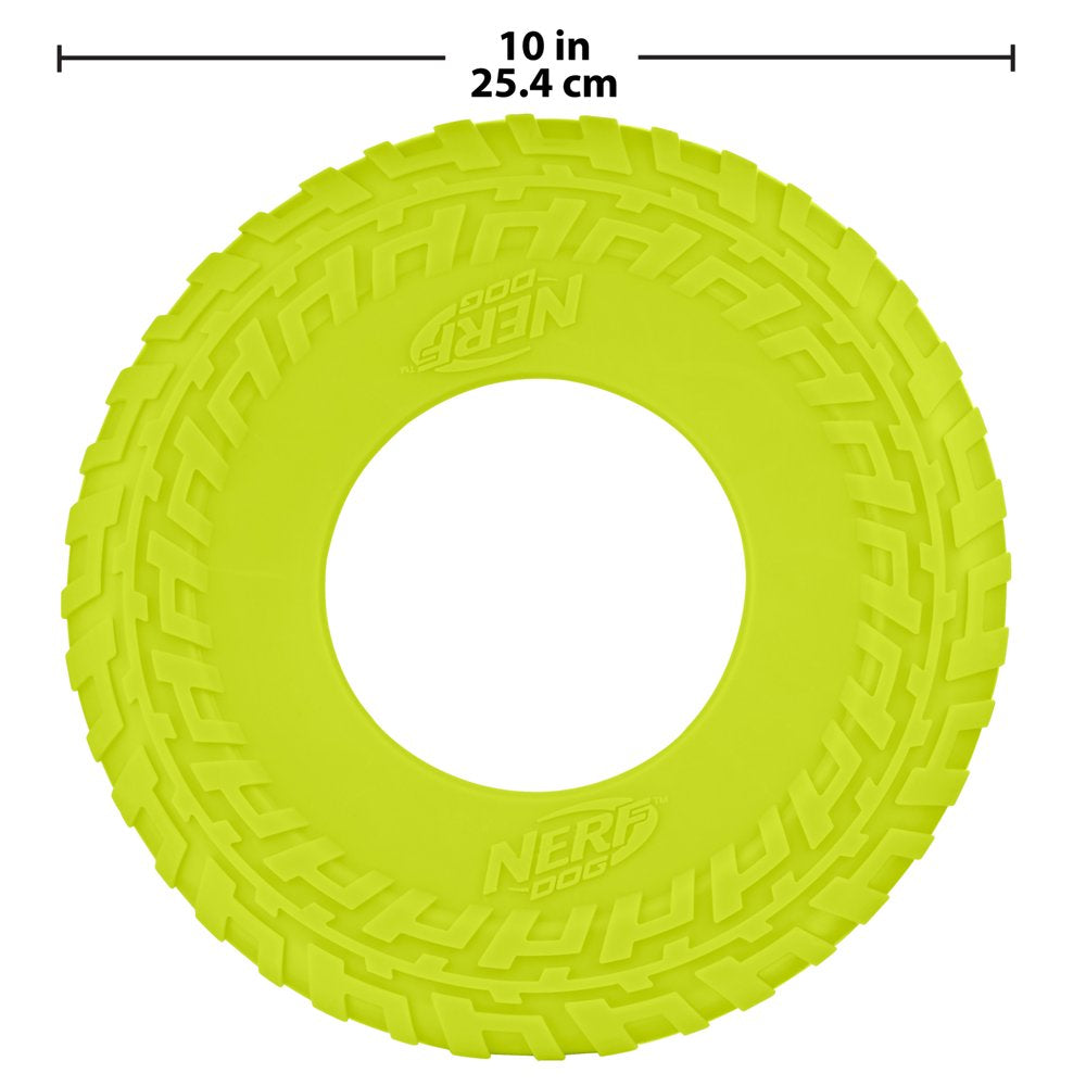 Nerf Dog 10" Green Tire Flyer Dog Toy - Durable TPR, Lightweight, Floating Frisbee Flyer