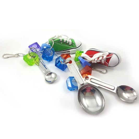 Parrot Bird Bite Toy Stainless Steel Spoon Scoop Sneakers Hanging Shoe String Toys