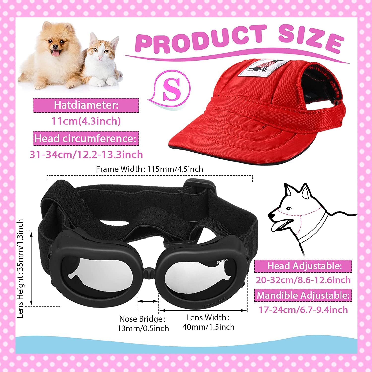 2 Pack Baseball Pet Cap 4.3 Inch Diameter Dog Hat Visor Sunbonnet Outfit with Ear Holes and Adjustable Chin Strap Dog Goggles Dog Eyewear with Adjustable Strap for Puppy Doggy (Red,Flower) Animals & Pet Supplies > Pet Supplies > Dog Supplies > Dog Apparel Frienda   