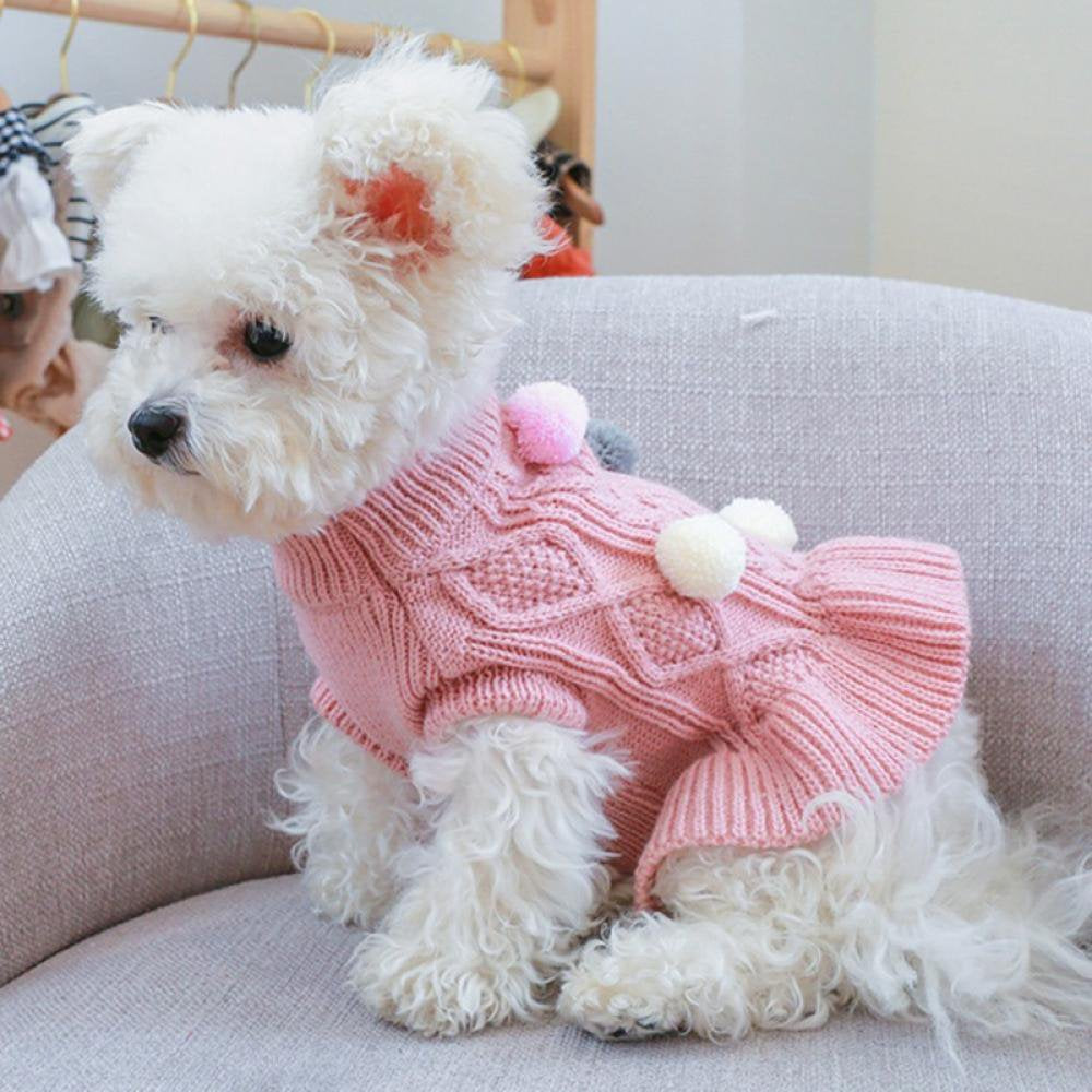 Dog Sweater Dress with Colorful Pom Pom Warm Knitwear Pullover Dog Skirt Puppy Princess Dress Apparel for Small Medium Dog and Cat Animals & Pet Supplies > Pet Supplies > Dog Supplies > Dog Apparel Popfeel   