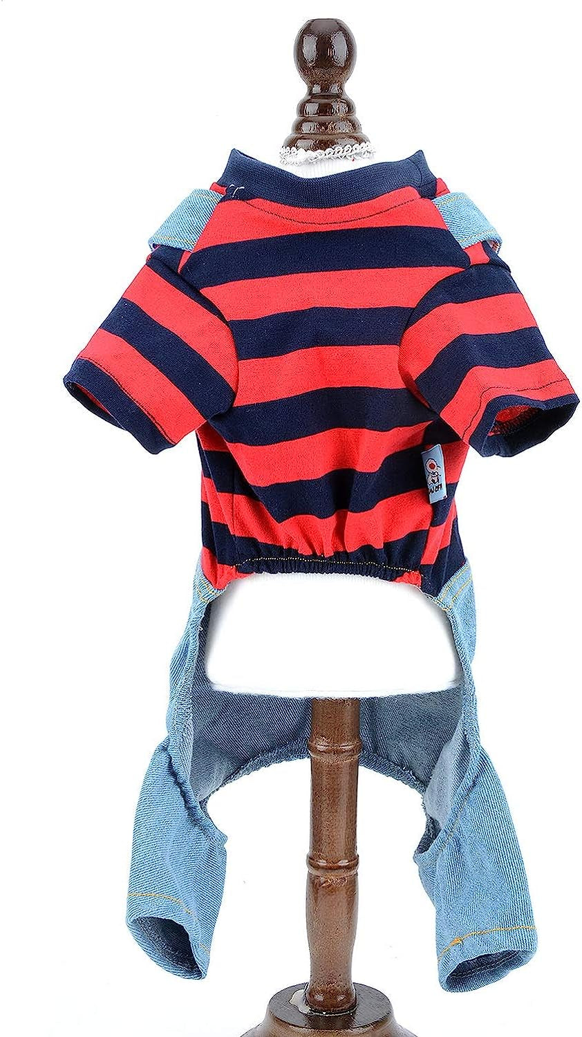 SMALLLEE_LUCKY_STORE Pet Stripe Sweater Shirt Denim Overalls for Small Dogs Cats Boy Girl Tshirt Pants 4 Legged Outfits Puppy Jumpsuit Shih Tzu Pug Clothes,Red,Size L Animals & Pet Supplies > Pet Supplies > Dog Supplies > Dog Apparel SMALLLEE_LUCKY_STORE   