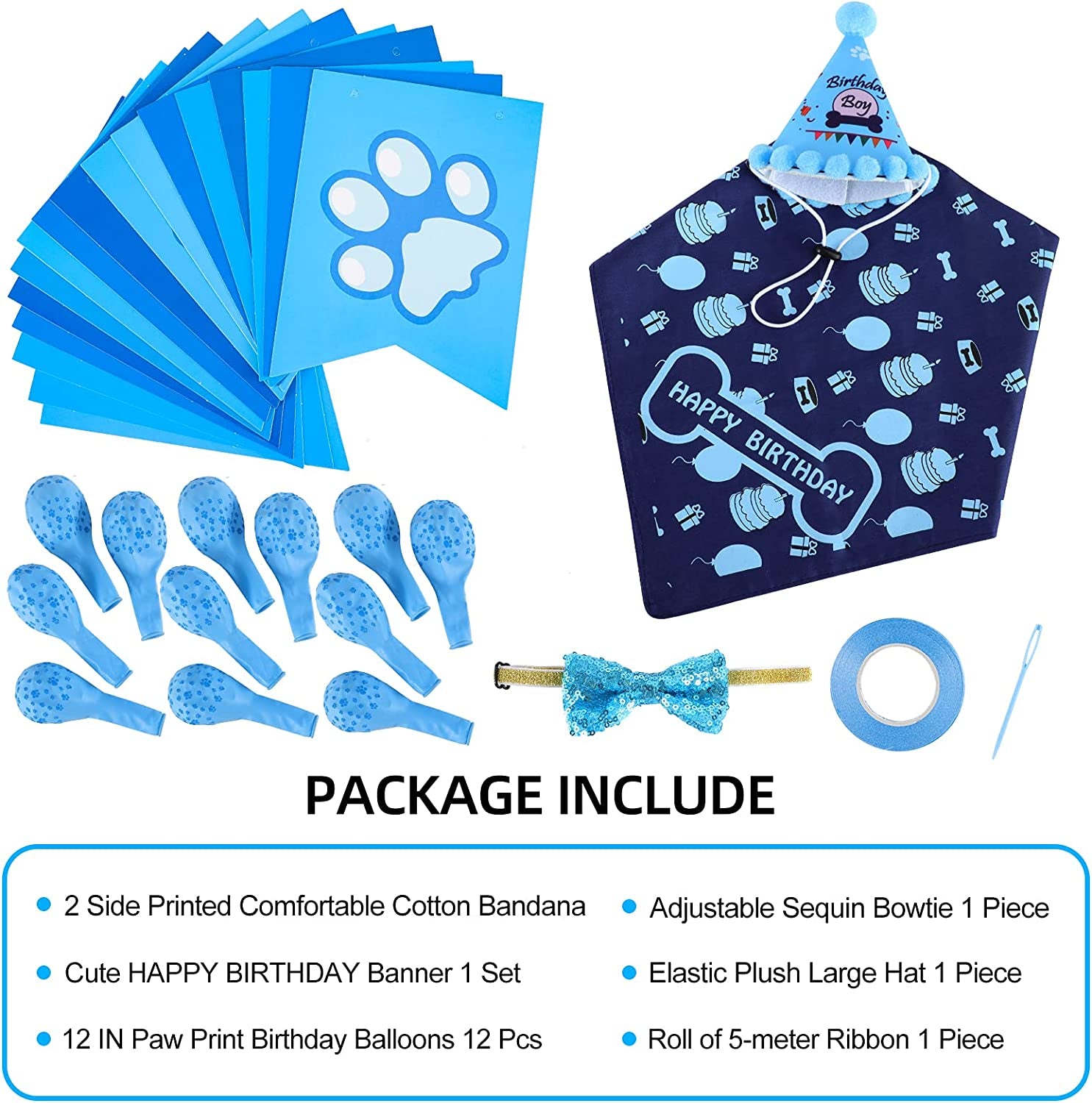 LIGNEST 16 PCS Dog Birthday Party Supplies Set - Dog Birthday Bandana Set with Dog Birthday Hat, Scarf, Flag, Balloons, and Cute Puppy Bow Tie for Small, Medium & Large Dogs (Blue (Boy)) Animals & Pet Supplies > Pet Supplies > Dog Supplies > Dog Apparel LIGNEST   