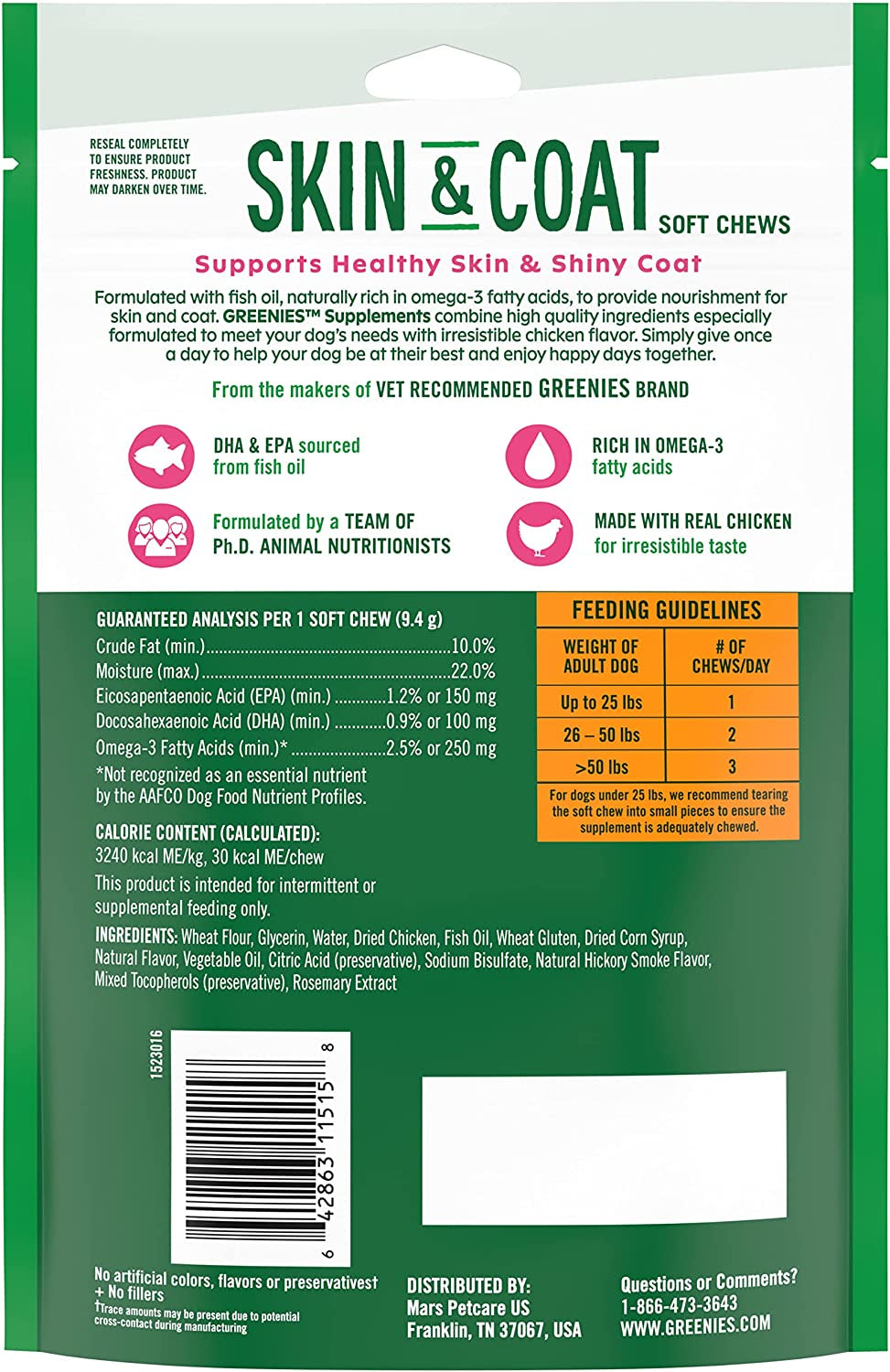 GREENIES Skin & Coat Food Supplements with Omega 3 Fatty Acids, 40-Count Chicken- Flavor Soft Chews for Adult Dogs Animals & Pet Supplies > Pet Supplies > Dog Supplies > Dog Apparel Mars Petcare   