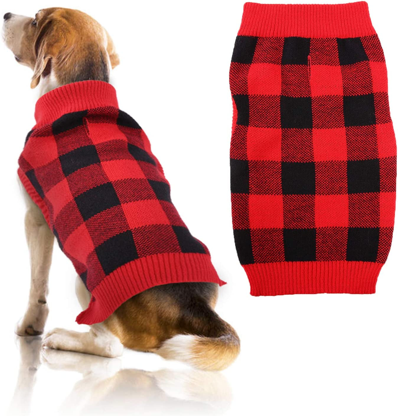 Dog Sweater Vest Turtleneck Dogs Knitted Sweatshirt with Harness Hole，Cold Weather Puppies Grid Pullover Pajamas， Fall Winter Pet Warm Clothes Christmas Costumes for Small Medium Dogs Cats Animals & Pet Supplies > Pet Supplies > Dog Supplies > Dog Apparel QBLEEV Red-Black S:Chest Girth=13.0"-15.7" 