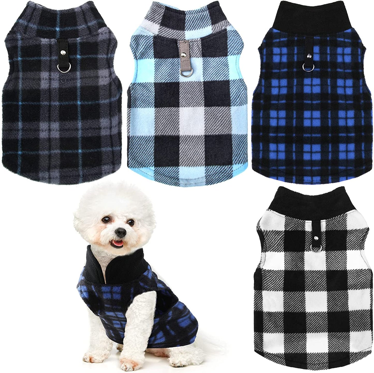 Hamify Fleece Vest Dog Sweater Set of 4 Buffalo Plaid Dog Pullover Warm Jacket Winter Pet Clothes with Leash Ring for Small Dog Cat (Small) Animals & Pet Supplies > Pet Supplies > Dog Supplies > Dog Apparel Geyoga Small  