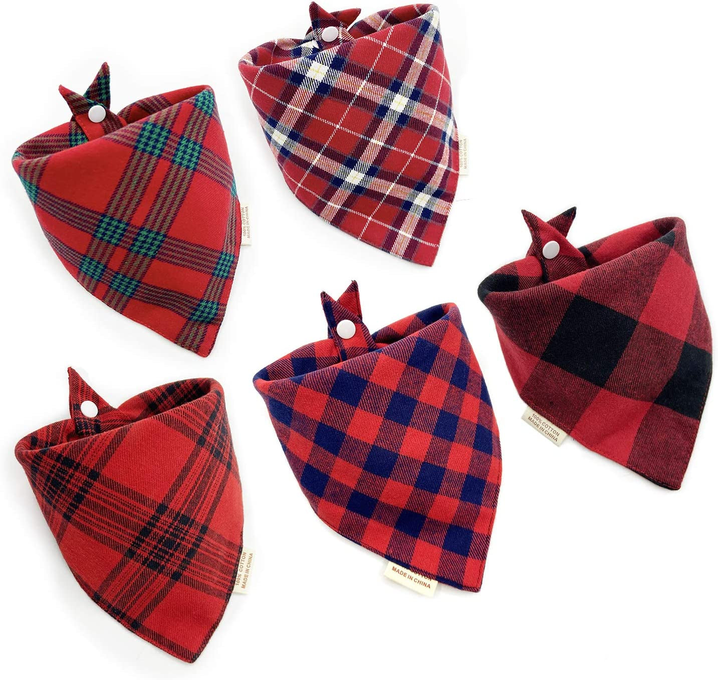 5PCS Dog Bandanas with Button - Thick Triangle Bibs Dual Layer Soft Cotton Scarves for Small Medium Boy Girl Puppy Cat Pet Baby Square Plaid Printing Washable Kerchief Halloween Costumes Outfits Animals & Pet Supplies > Pet Supplies > Dog Supplies > Dog Apparel yetshow red Small 