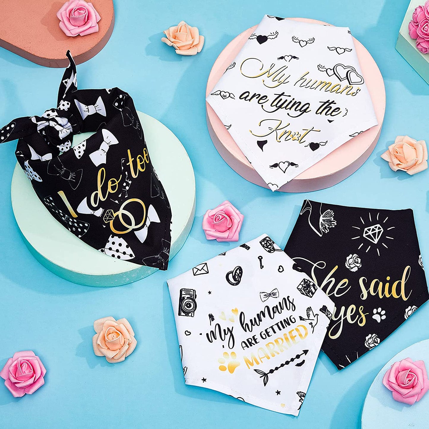 Frienda 4 Pieces Wedding Dog Bandana My Humans Are Getting Married Pet Bandana She Said Yes Dog Scarf Dog Engagement Announcement Pet Wedding Photo Prop for Dogs and Cats Animals & Pet Supplies > Pet Supplies > Dog Supplies > Dog Apparel Frienda   