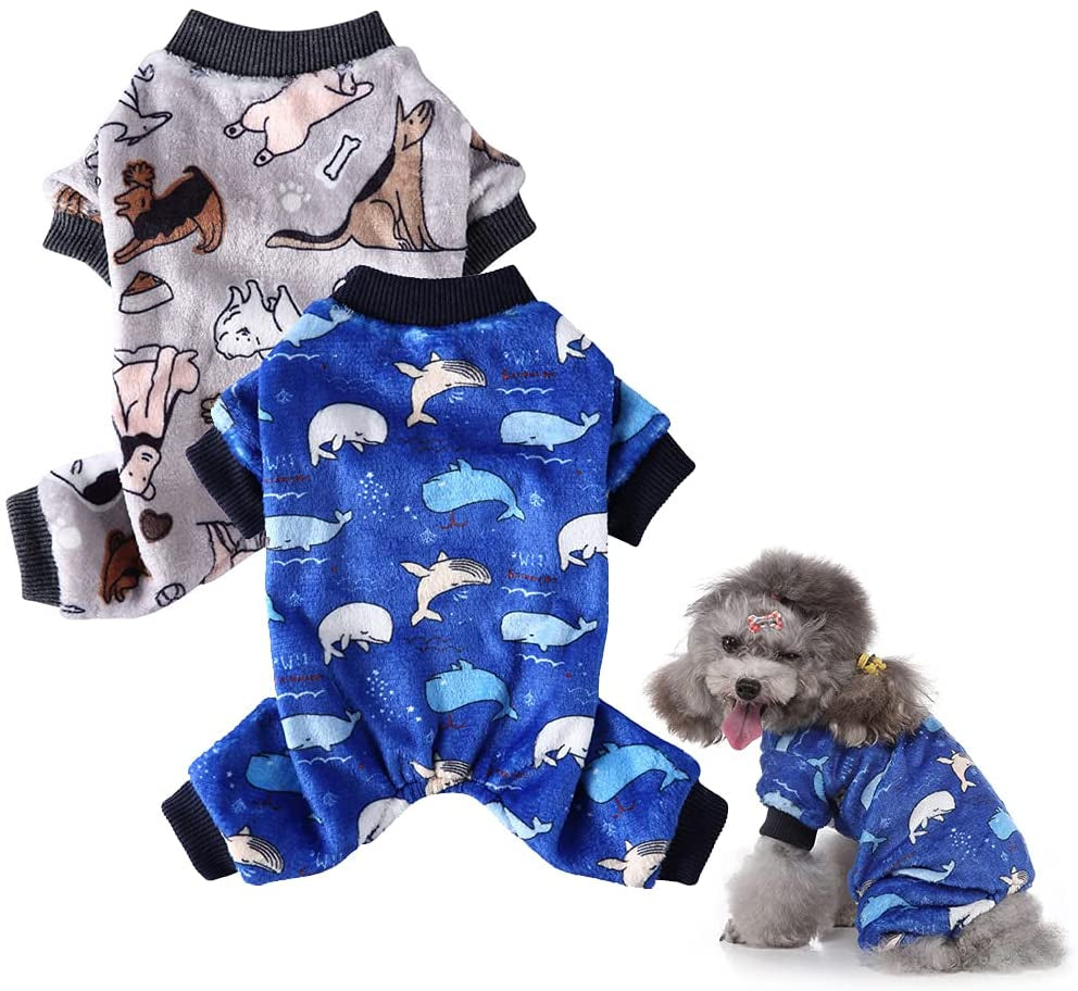 2 Pack Dog Pajamas for Small Dogs Boy Girl Fleece Puppy Pjs Jammies 4 Leg Dog Clothes for Chihuahua Yorkie Winter Warm Onesies Jumpsuit Clothing for Pet Dogs Male Female (Medium Bust 14.5") Animals & Pet Supplies > Pet Supplies > Dog Supplies > Dog Apparel Kosiyi Whale Blue + Dog Grey Large (6-10 Ib) 