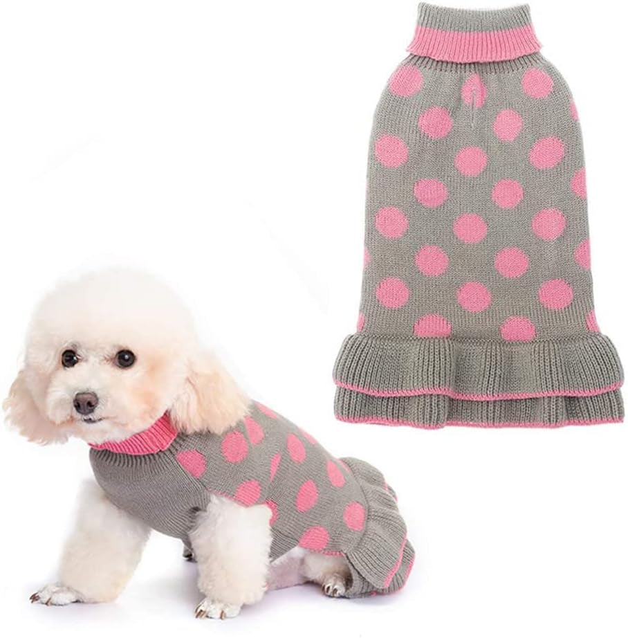 EXPAWLORER Dog Sweater for Small Dogs - Dog Winter Clothes with Leash Hole, Warm Polka Dot Turtleneck Knitwear Skirt for Puppy, Dog Winter Coat Apparel for Girl Dogs Animals & Pet Supplies > Pet Supplies > Dog Supplies > Dog Apparel EXPAWLORER Grey Small-Medium 