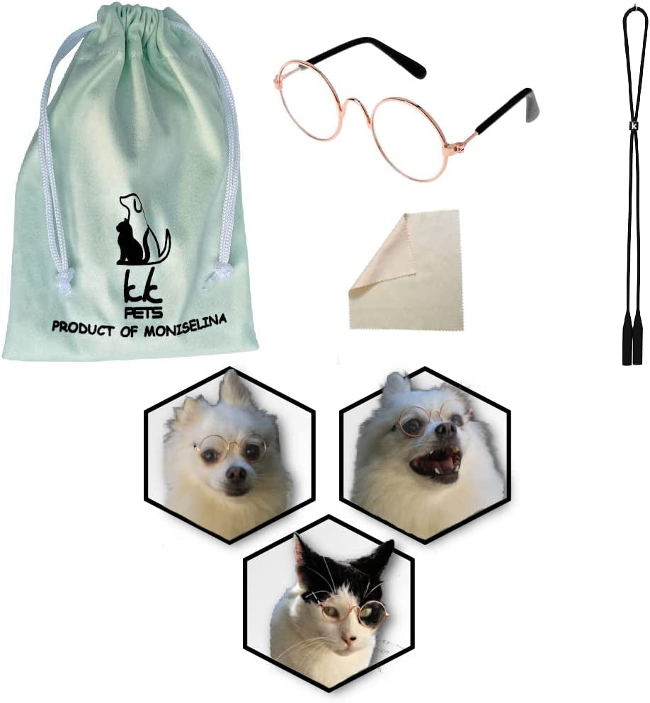 KK Pets 1Pack Classic Gold Frame Retro Circular Metal Pet Sunglass Adjustable Random Letter Strap Pouch Clean Cloth Costume Cute and Funny Pet Kitten Small Dog Sunglasses Dog Goggles Cosplay Puppy Animals & Pet Supplies > Pet Supplies > Dog Supplies > Dog Apparel kk pets   