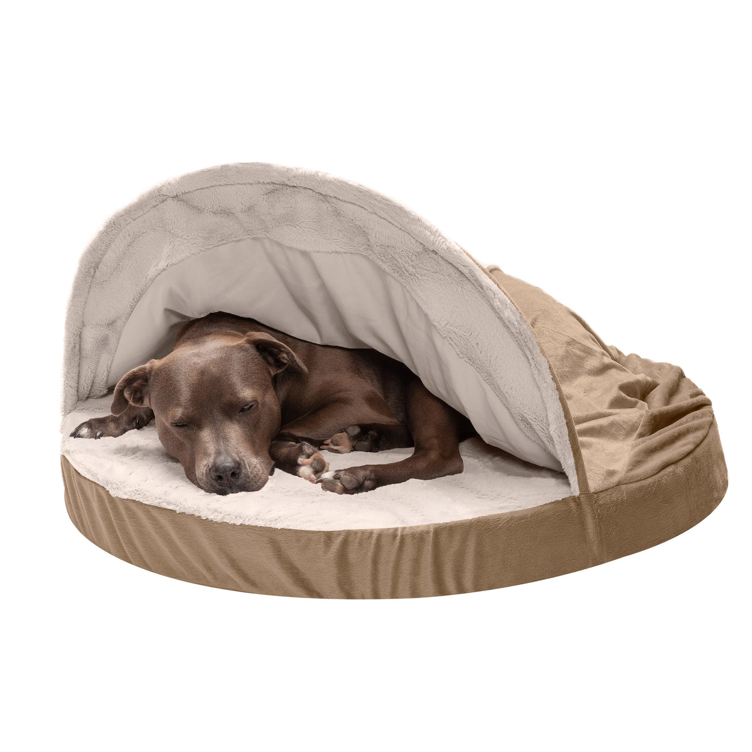 Furhaven Pet Dog Bed | Orthopedic Wave Fur & Velvet Snuggery Burrow Pet Bed for Dogs & Cats, Brownstone, 35" Base