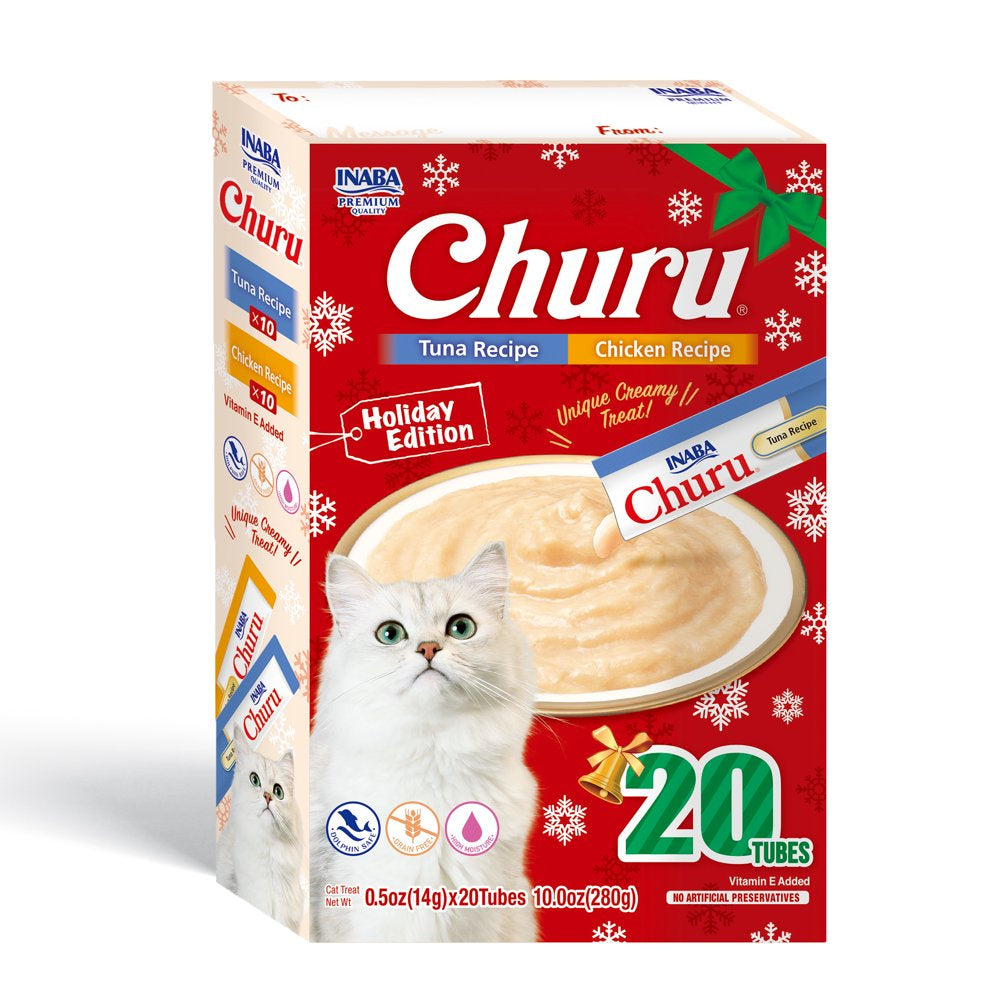 INABA Churu Lickable Wet Cat Treat Holiday Pack, 0.5 Oz, 20 Tubes, Tuna & Chicken