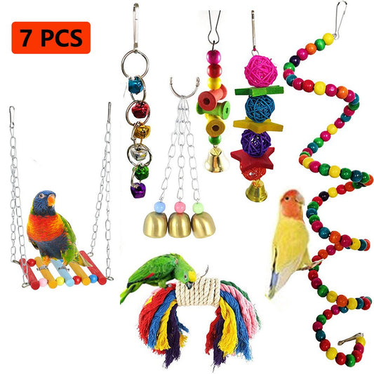 Bird Parrot Toys Ladders Swing Chewing Toys Hanging Pet Bird Cage Accessories Hammock Swing Toy for Small Parakeets Cockatiels, Lovebirds, Macaws, Finches, 7 PCS Animals & Pet Supplies > Pet Supplies > Bird Supplies > Bird Cage Accessories HUA TRADE   