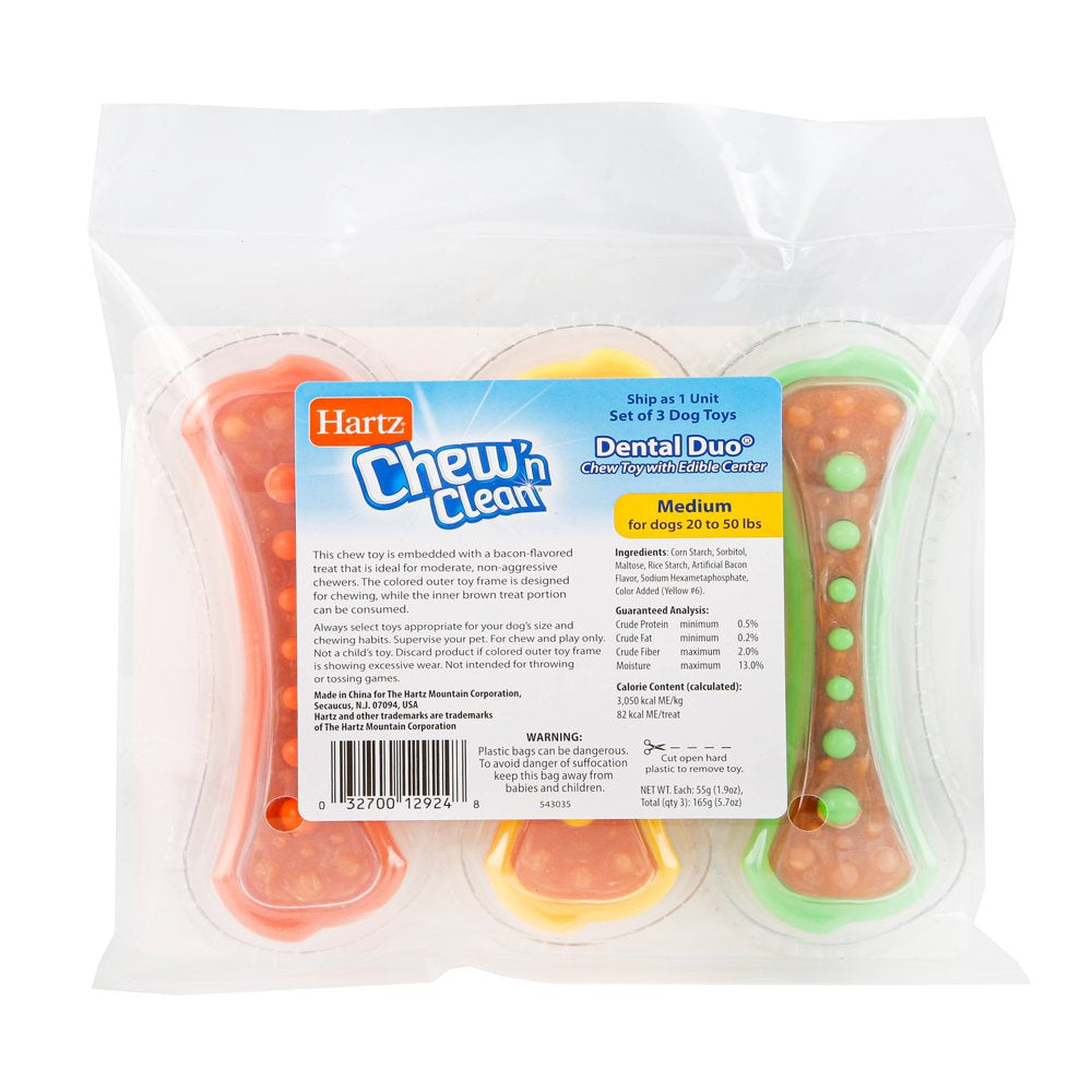 Hartz Chew 'N Clean Medium Dental Duo Dog Chew Toy and Bacon Flavored Treat in One, 3 Pack Animals & Pet Supplies > Pet Supplies > Dog Supplies > Dog Toys Hartz Mountain Corp   