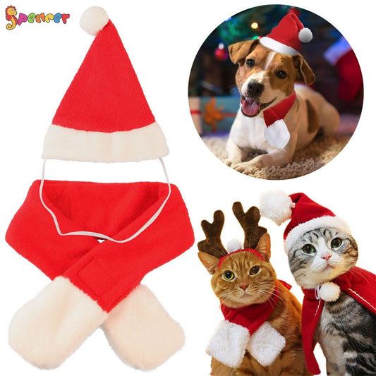 Spencer 2Pcs Pet Dog Cat Santa Hat & Red Scarf Set Christmas Outfit Pet Costume Apparels for Puppys Small Cats