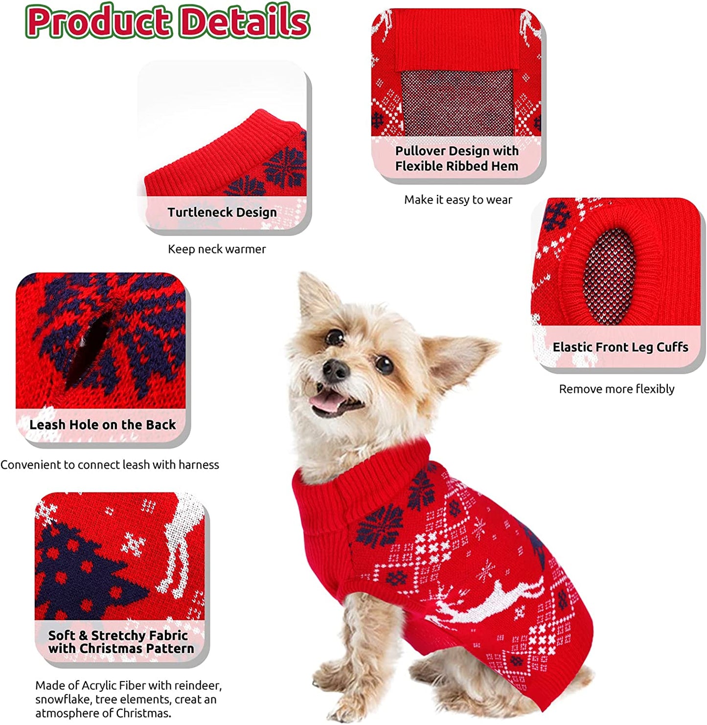 MORVIGIVE Christmas Dog Sweaters Turtleneck Pullover, Soft Warm Puppy Jumper Cat Knit with Reindeer Snowflake, Winter Pet Xmas Holiday Sweatshirts Cold Weather Knitwear Clothes for Small Medium Dogs Animals & Pet Supplies > Pet Supplies > Dog Supplies > Dog Apparel MORVIGIVE   