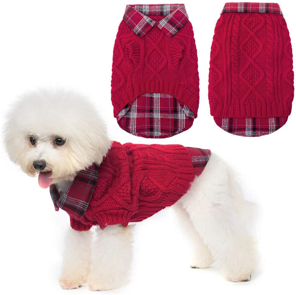 Warm Dog Sweater Winter Clothes - Plaid Patchwork Pet Doggy Knitted Sweaters Comfortable Coats for Cold Weather, Fit for Small Medium Large Dogs Animals & Pet Supplies > Pet Supplies > Dog Supplies > Dog Apparel Homimp Red Small 