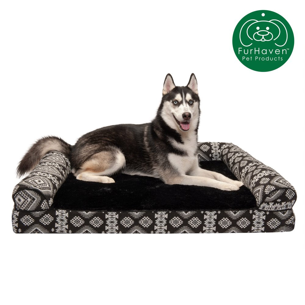 Furhaven Pet Products | Memory Foam Southwest Kilim Sofa-Style Couch Bed for Dogs & Cats, Black Medallion, Jumbo Plus