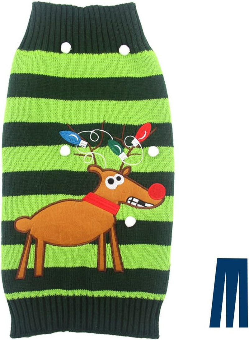 Mikayoo Pet Sweater for Small Dog/Cat,Ugly Sweater,Color Horizontal Stripes,Christmas Holiday Xmas, Elk Series, Reindeer Series,With Lights and Snowball(M) Animals & Pet Supplies > Pet Supplies > Dog Supplies > Dog Apparel ym Green XL 