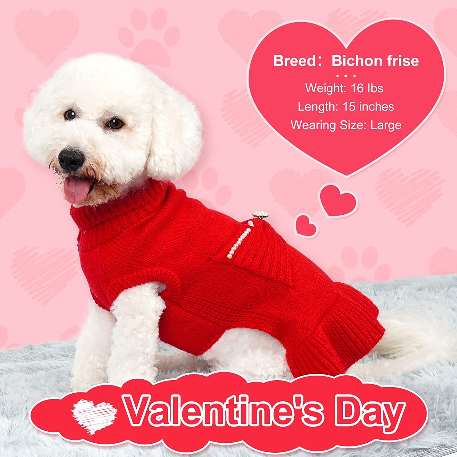 Cyeollo Valentine'S Day Dog Sweater Dress Turtleneck Doggie Sweaters Pullover Knitted with Bowtie Warm Winter Dog Clothes for Small Dogs Animals & Pet Supplies > Pet Supplies > Dog Supplies > Dog Apparel cyeollo   