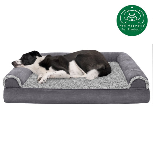 Furhaven Pet Products | Full Support Orthopedic Two-Tone Faux Fur & Suede Sofa Pet Bed for Dogs & Cats, Stone Gray, Jumbo