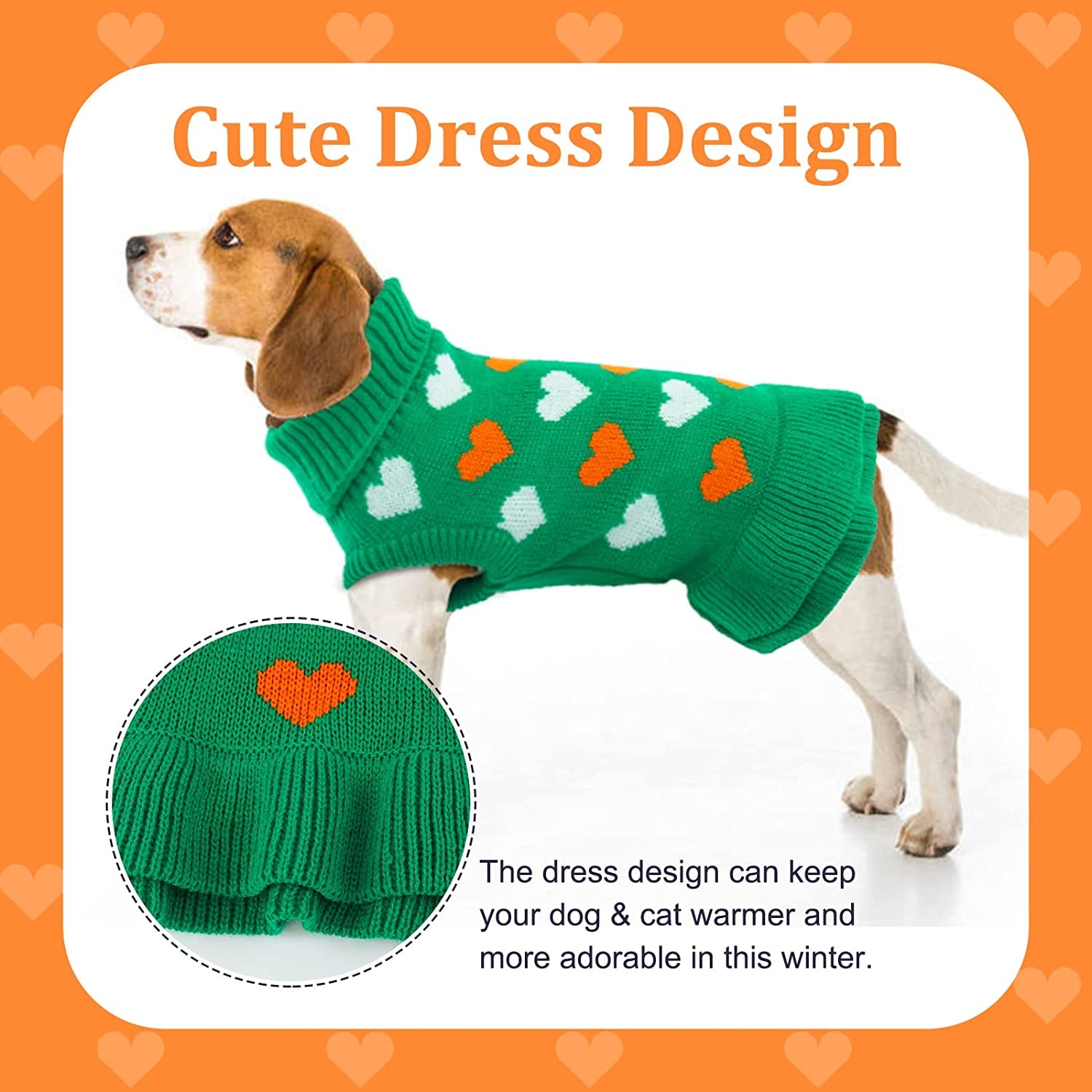 Kuoser Dog Sweater, Knitwear Turtleneck Winter Warm Puppy Clothing, Heart Pullover Pet Coat Cute Dog Sweater Dress for Small & Medium Dogs Cats with Leash Hole Xs-Xl(Green,Xl) Animals & Pet Supplies > Pet Supplies > Dog Supplies > Dog Apparel Kuoser   