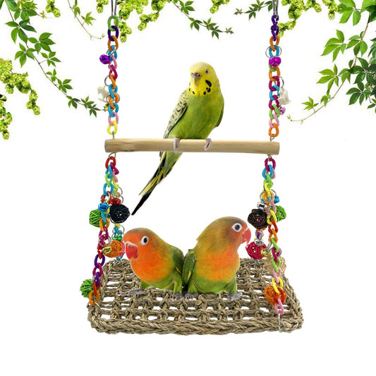 Bird Seagrass Swing Toys with Wood Perch Bird Parrot Trapeze Swing Seagrass Bird Climbing Hammock Bird Perch Stand Chewing Toy for Lovebird, Cockatiel, Budgie, Conure Parrotlet, Parakeets