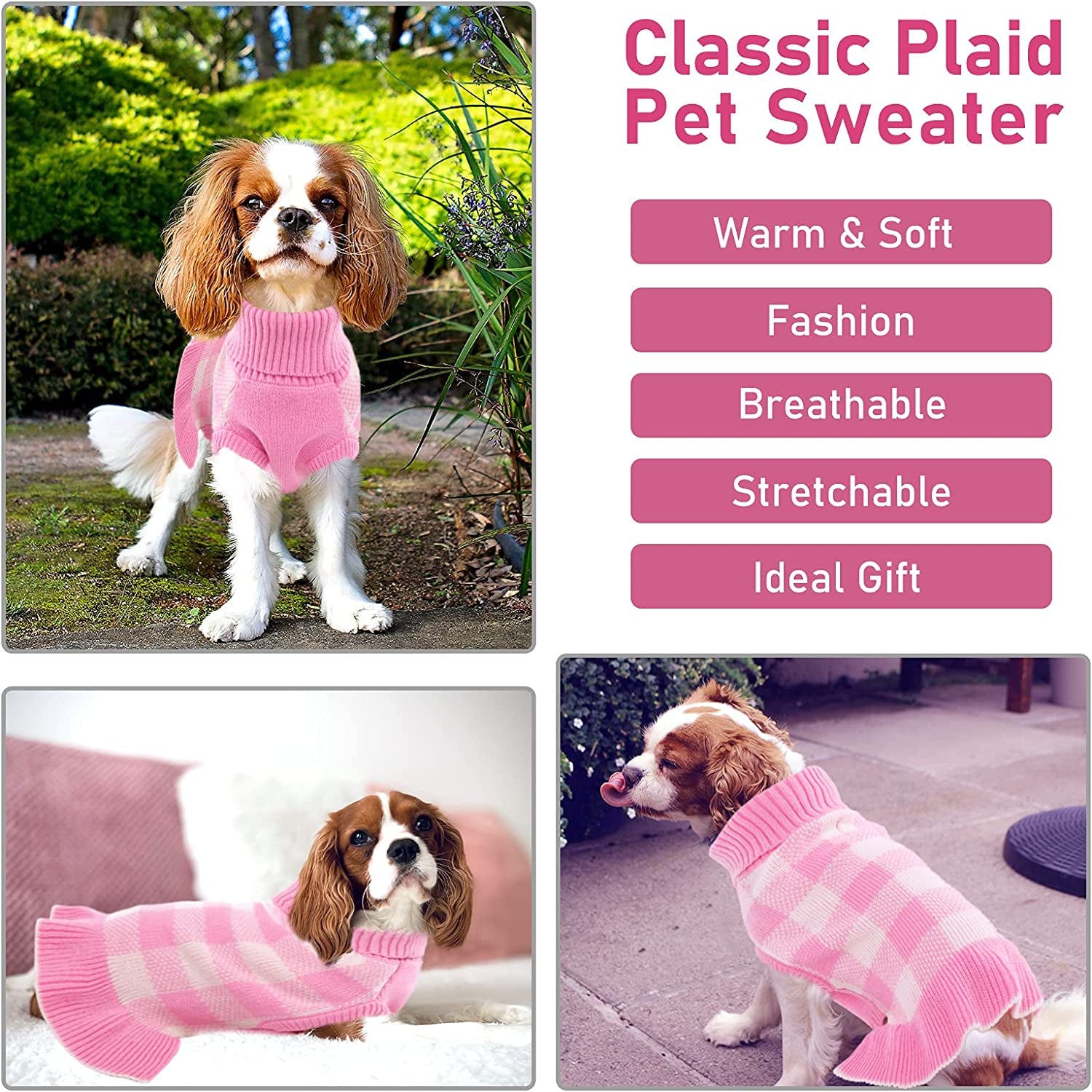 Dasior Pet Dog Sweater, Soft Turtleneck Knitted Plaid Stretch Pullover, Warm Knitwear Winter Clothes (Pink, Small) Animals & Pet Supplies > Pet Supplies > Dog Supplies > Dog Apparel Dasior   