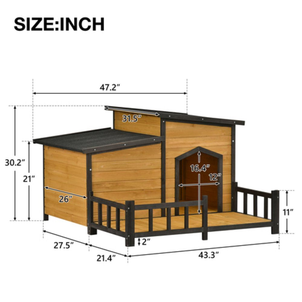 Cmgb 47.2 ”Large Wooden Dog House Outdoor, Outdoor & Indoor Dog Crate, Cabin Style, with Porch，Our Dog House Has One Single Door and Two Rooms，Brown Animals & Pet Supplies > Pet Supplies > Dog Supplies > Dog Houses CMGB   