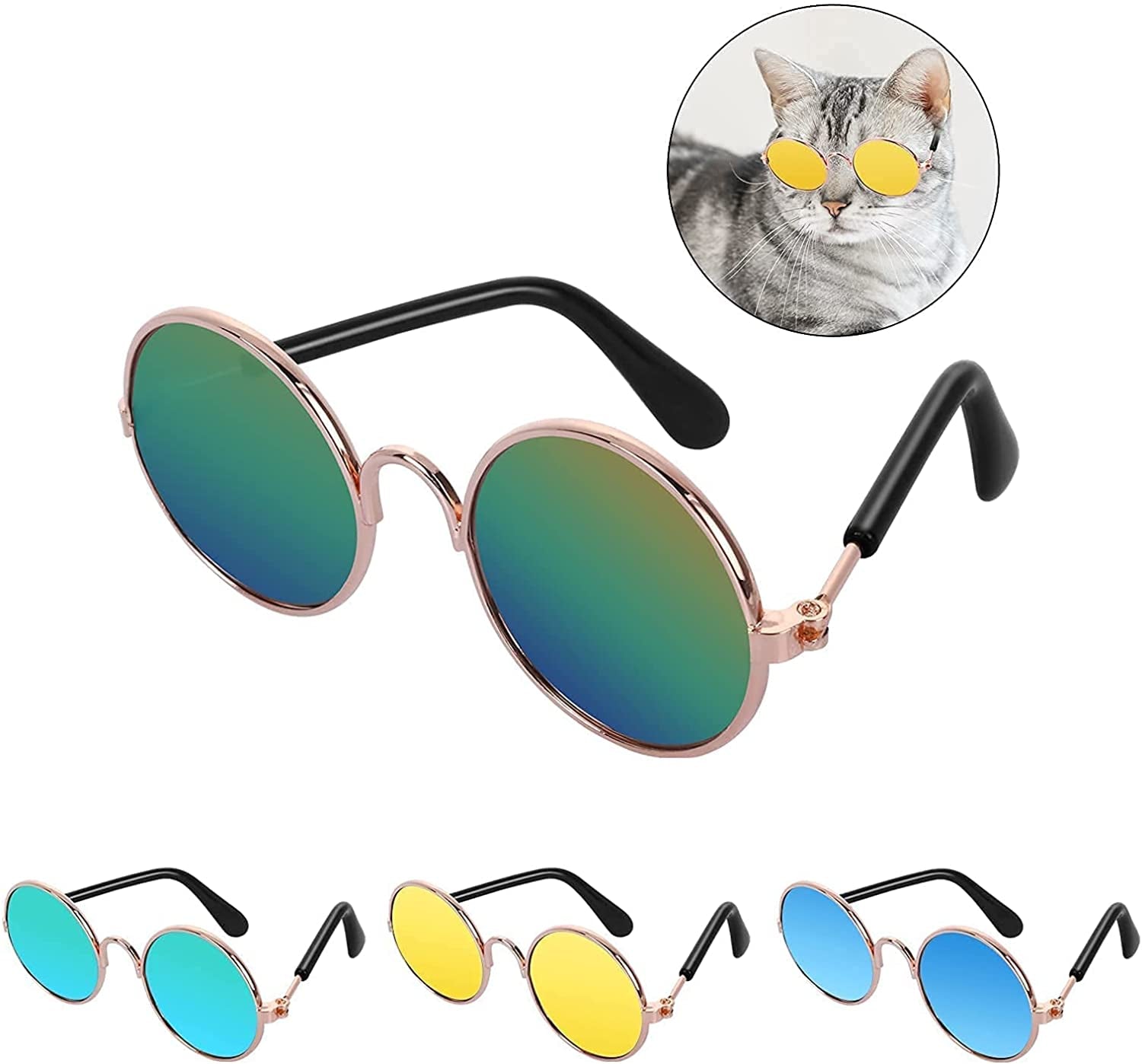 Molain Pet Sunglasses- Cat UV Protection Classic Retro Small Dog Sun Glasses Dolls round Sunglasses Party Cosplay Costume Photo Props Cute Funny Sunglasses (4Pcs) Animals & Pet Supplies > Pet Supplies > Dog Supplies > Dog Apparel Molain   