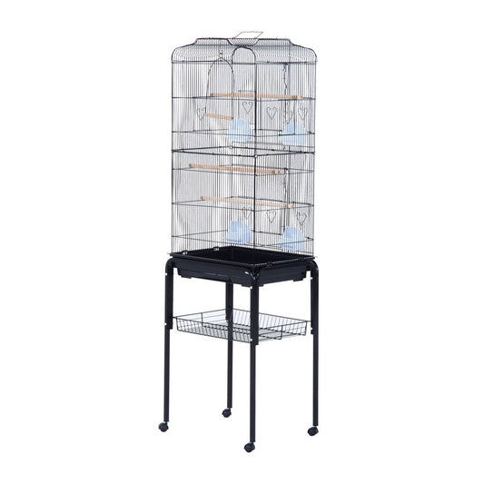 Pawhut Indoor 63" Metal Bird Cage with Detachable Rolling Stand, Storage Basket - Black