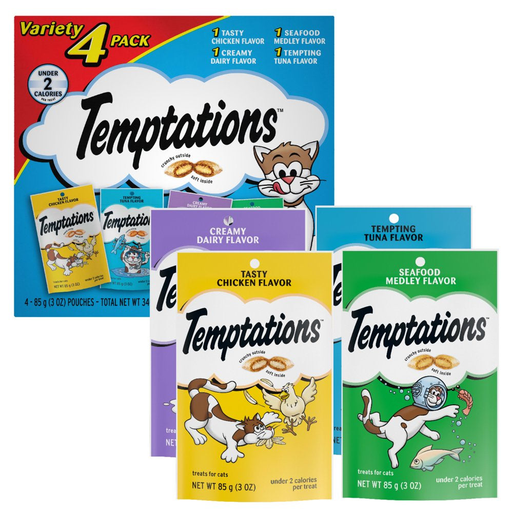 TEMPTATIONS Classic, Crunchy and Soft Cat Treats Feline Favorites Variety Pack, Seafood Medley Flavor, Tasty Chicken Flavor, Creamy Dairy Flavor, and Tempting Tuna Flavor, (4) 3 Oz. Pouches Animals & Pet Supplies > Pet Supplies > Cat Supplies > Cat Treats Mars Petcare   