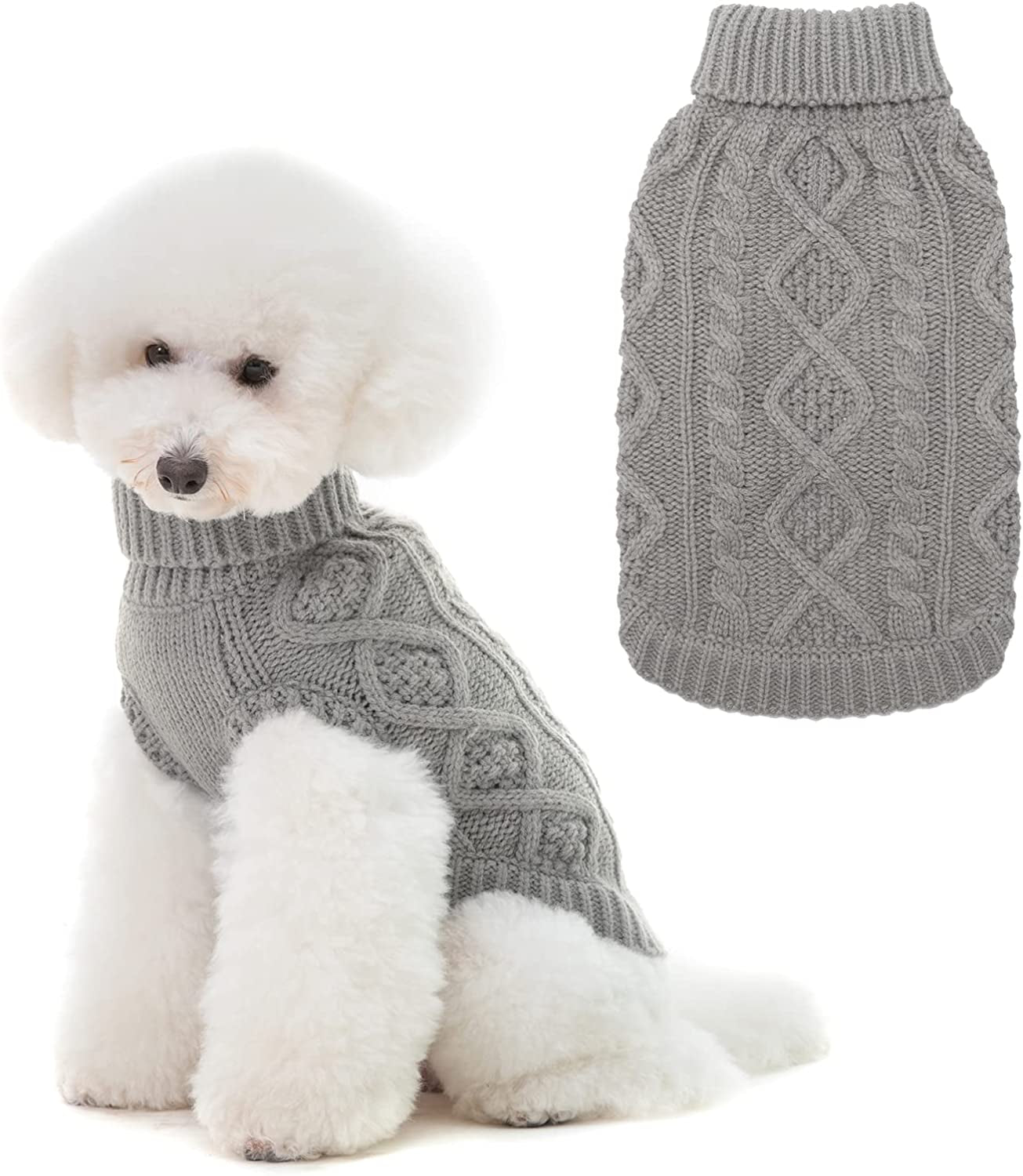 BINGPET Dog Knitted Sweaters - Turtleneck - Classic Cable Knit Dog Jumper Coat Warm Sweartershirts Outfits for Dogs Cats in Autumn Winter Animals & Pet Supplies > Pet Supplies > Dog Supplies > Dog Apparel BINGPET Grey Small 