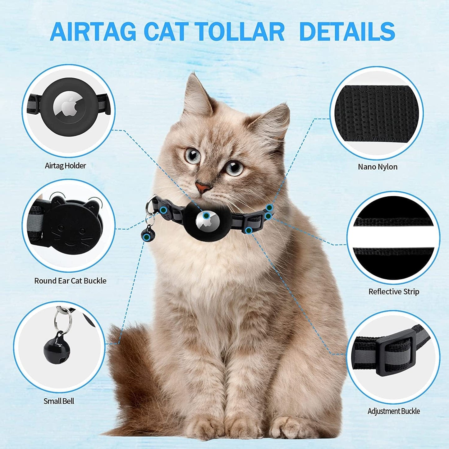 4PCS Airtag Cat Collar - Cat Airtag Collar with Silicone Airtag Holder and Bell - Adjustable Double Layer Nylon Breakaway Cat Collars - 0.2In Reflective Strip