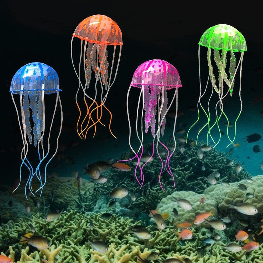 4Pcs Jellyfish Aquarium Decorations, TSV Glowing Effect Artificial Jellyfish Aquarium Decor, Fish Tank Ornament Silicone Decoration, Instant Suction Cup Installation