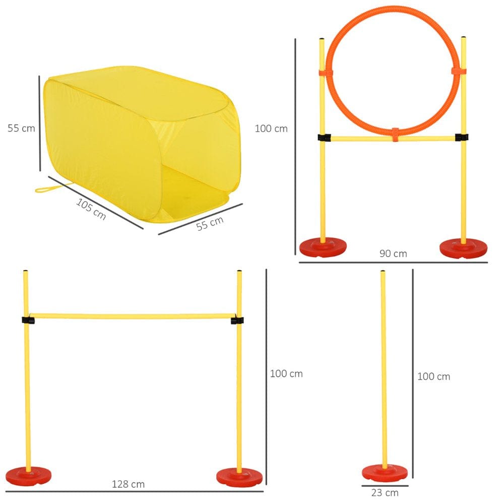4Pcs Portable Pet Training Obstacle Set for Dogs W/Adjustable Weave Pole, Jumping Ring, Adjustable High Jump, Tunnel