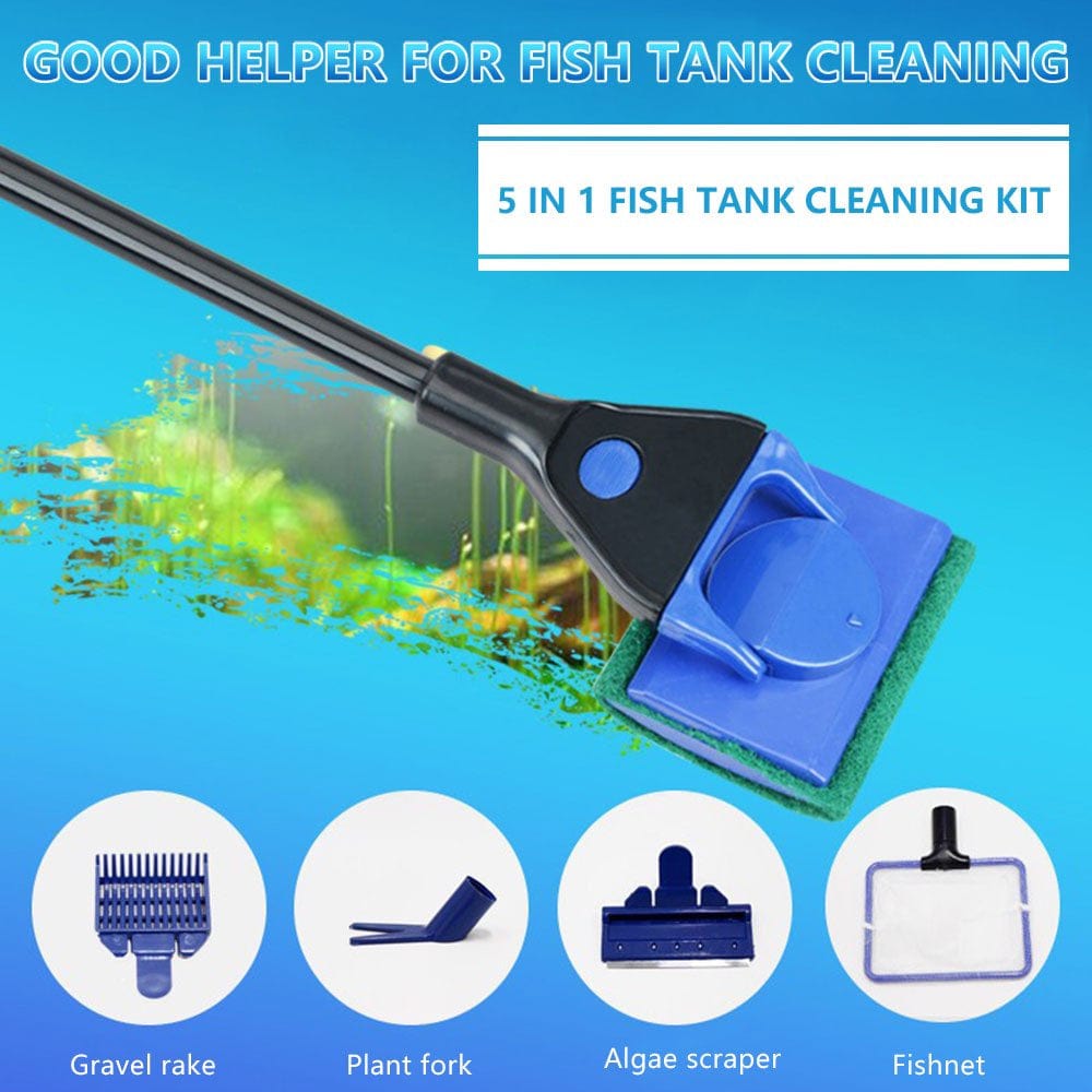 5 in 1 Fish Tank Aquarium Cleaning Tool Glass Brush Plant Fork Algae Scraper Fishnet Cleaner Kit