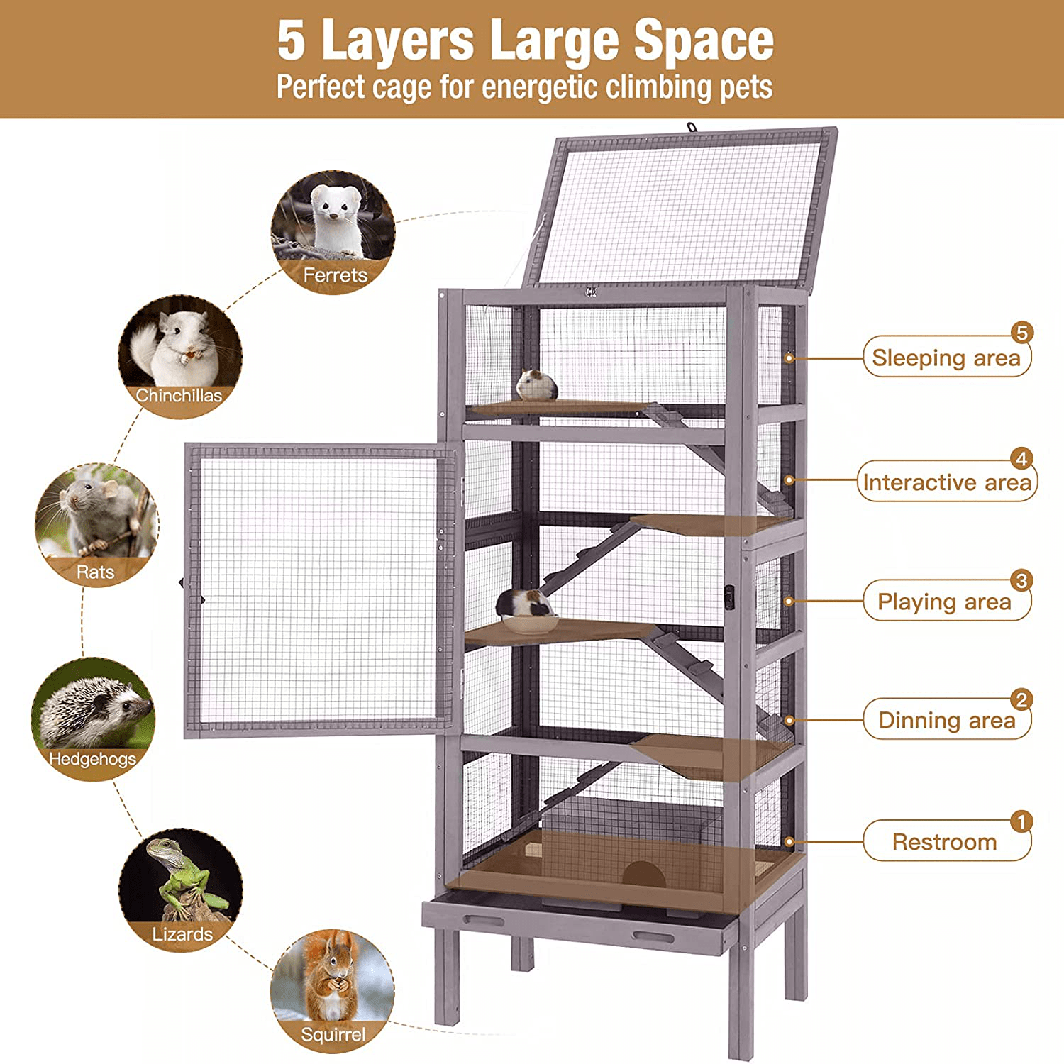 5 Level Critter Cage with Feeder, Small Animal Hamster Cage Hutch for Ferret Bunny Indoor Outdoor