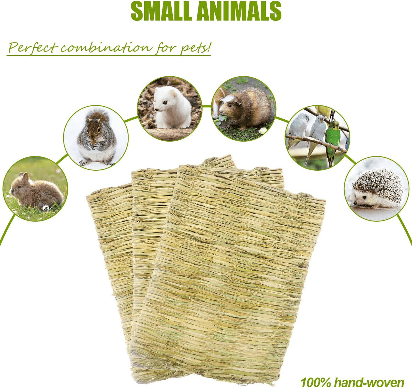 5 Pack Grass Mat Woven Bed Mat, Small Animal Natural Straw Bedding Nest Mat Chew Toys Bed Play Toy for Guinea Pig Parrot Rabbit Bunny Hamster Rat