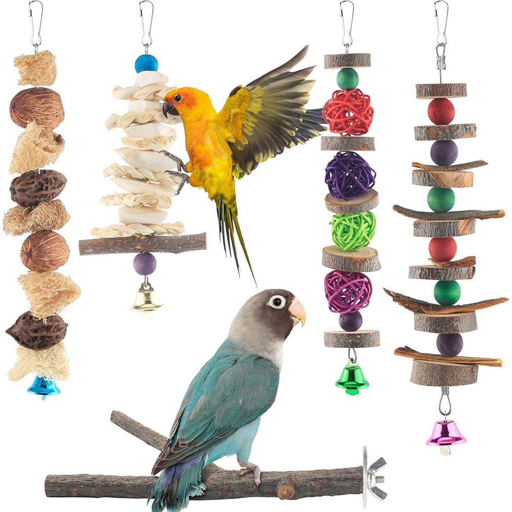 5 Packs Bird Chew Toys, Natural Wood Toys Parrot Hanging Cage Toy Bird Perch Stand for Small Bird Conure Cockatiel Parrotlet Lovebird Budgie