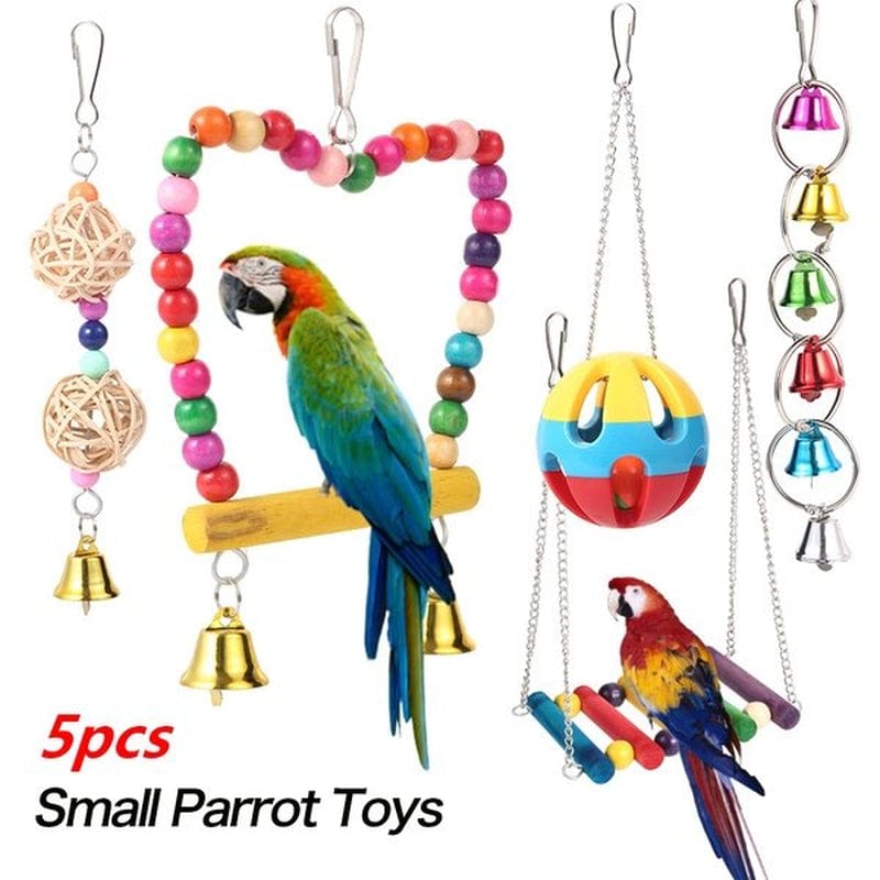 5 Packs Bird Swing Chewing Toys Parrot Toy Bird Cage Bell String Swing Bite Toys Parrot Hammock Bell Toys Bird Cage Hanging Toy with Wood Beads for Parakeets Cockatiels Conures Finches Budgie
