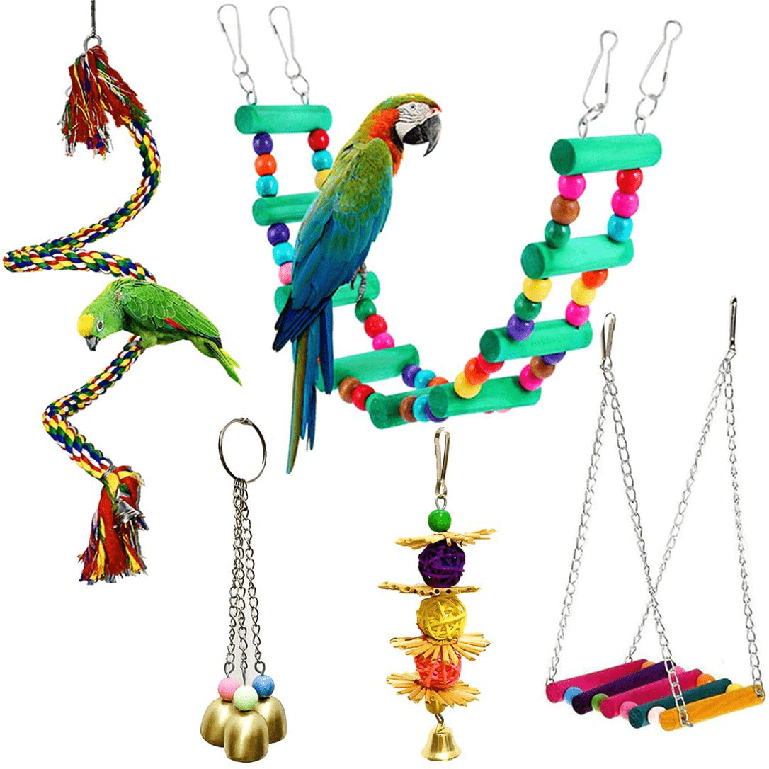 5 Pcs Bird Perches Cage Toys Hanging Bell Swing Chewing Toys Wooden Ladder Hammock for Small and Medium Parrot Birds, Cockatiels, Conures, Macaws, Finches Animals & Pet Supplies > Pet Supplies > Bird Supplies > Bird Ladders & Perches Antcher   