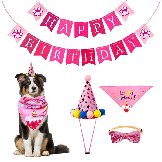 5 Piece Dog Birthday Bandana Set Dog Birthday Hat Dog Birthday Bandana Scarf Shining Dog Bow Tie Collar Dog Print Happy Birthday Banner for Small Medium Dog Pet - Pink Animals & Pet Supplies > Pet Supplies > Dog Supplies > Dog Apparel Astarin Pink  