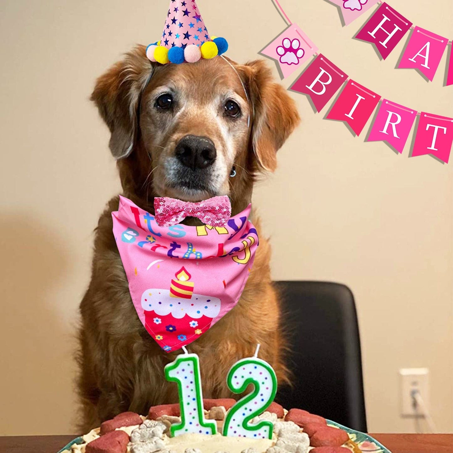 5 Piece Dog Birthday Bandana Set Dog Birthday Hat Dog Birthday Bandana Scarf Shining Dog Bow Tie Collar Dog Print Happy Birthday Banner for Small Medium Dog Pet - Pink