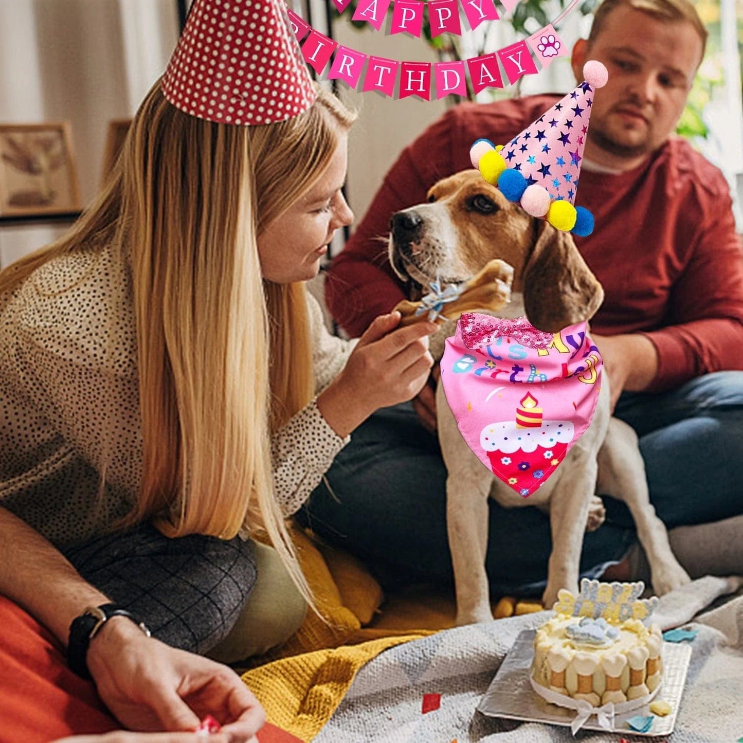 5 Piece Dog Birthday Bandana Set Dog Birthday Hat Dog Birthday Bandana Scarf Shining Dog Bow Tie Collar Dog Print Happy Birthday Banner for Small Medium Dog Pet - Pink