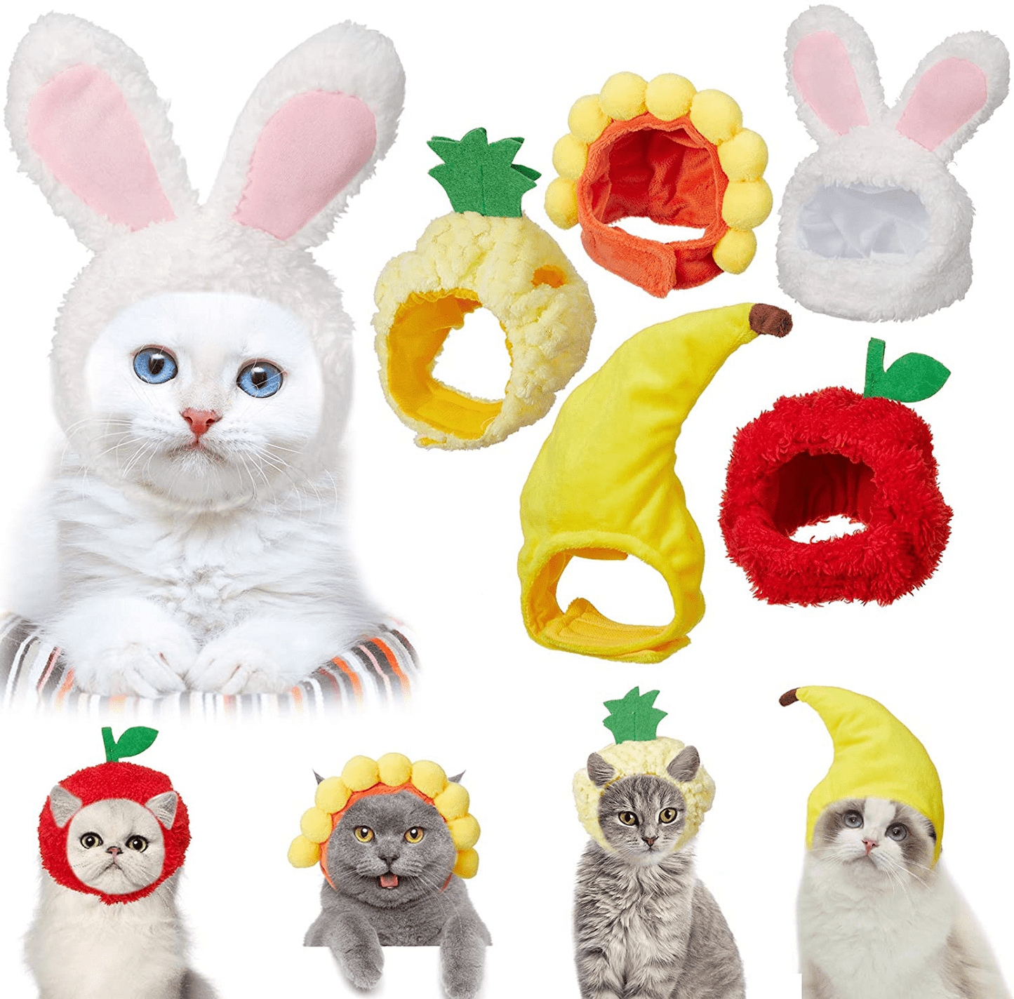 5 Pieces Pet Cute Hat Cat Hat Bunny Hat with Rabbit Ears Banana Sunflower Fruit Pineapple Cap Party Costume Accessories Headwear for Cat Kitten Puppy Pet, Animal Safe Materials and Adjustable