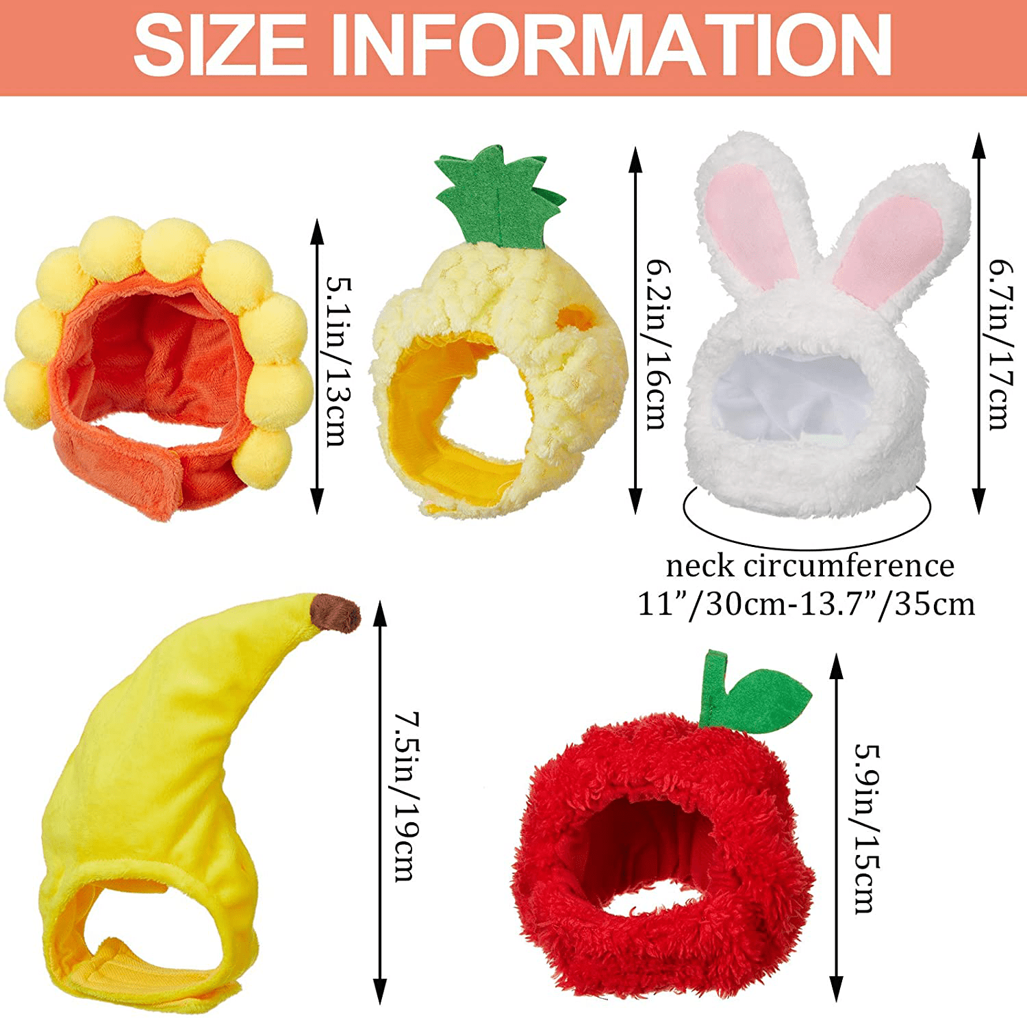 5 Pieces Pet Cute Hat Cat Hat Bunny Hat with Rabbit Ears Banana Sunflower Fruit Pineapple Cap Party Costume Accessories Headwear for Cat Kitten Puppy Pet, Animal Safe Materials and Adjustable Animals & Pet Supplies > Pet Supplies > Cat Supplies > Cat Apparel Weewooday   